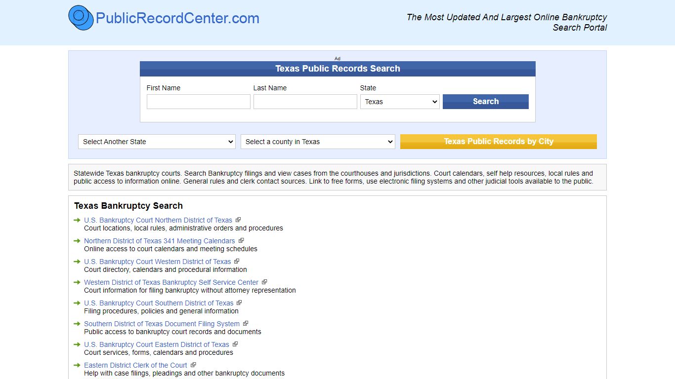 Free Texas Bankruptcy Records Directory - Public record center